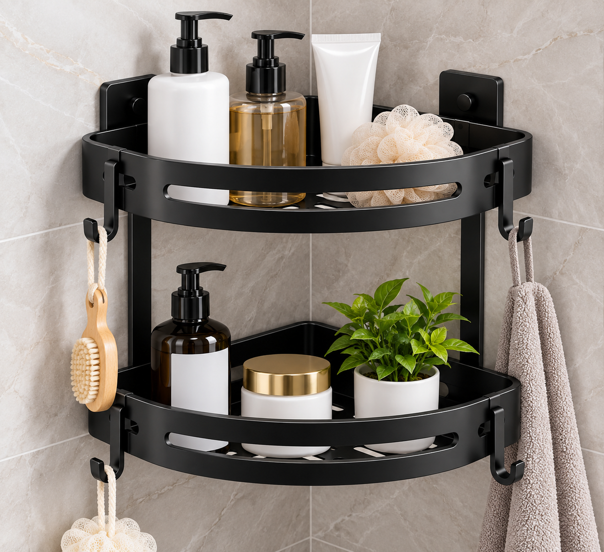 Two-Tier Corner Shower Storage Organizer with Hooks