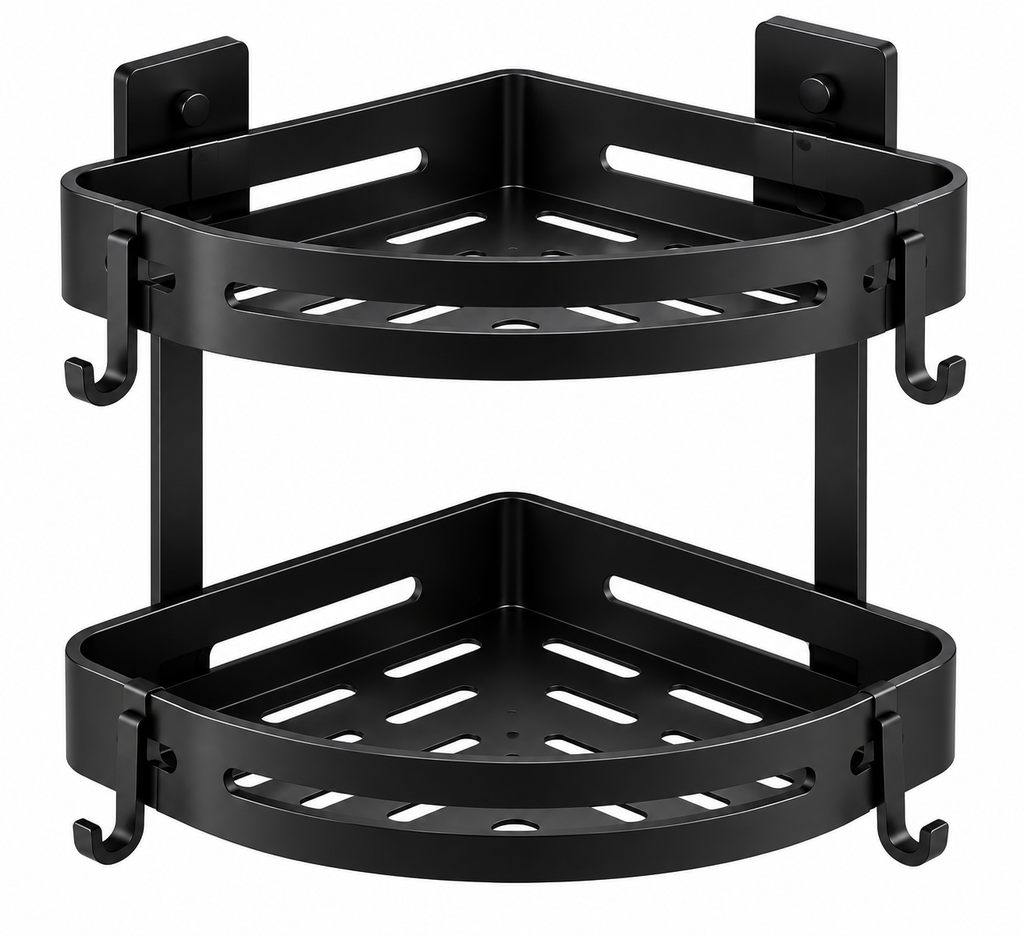 Two-Tier Corner Shower Storage Organizer with Hooks