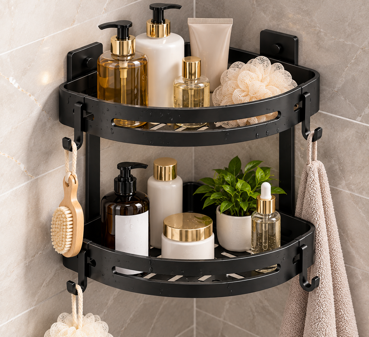 Two-Tier Corner Shower Storage Organizer with Hooks