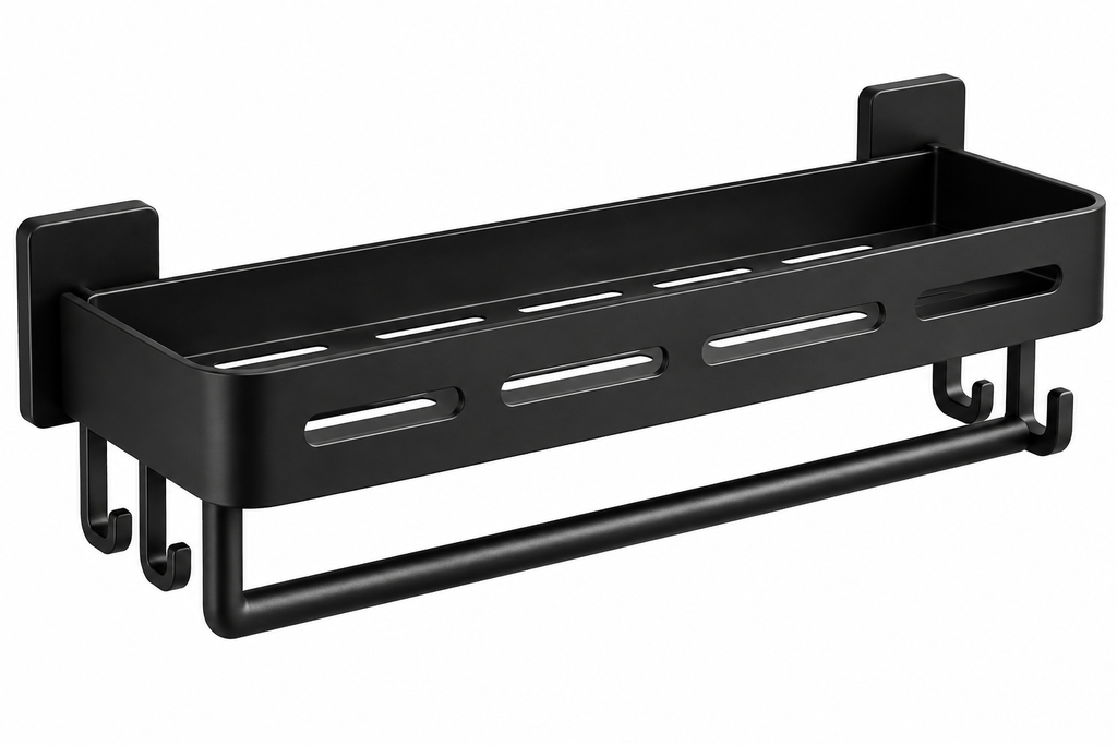 Wall-Mounted Shower Storage Shelf with Towel Bar and Hooks