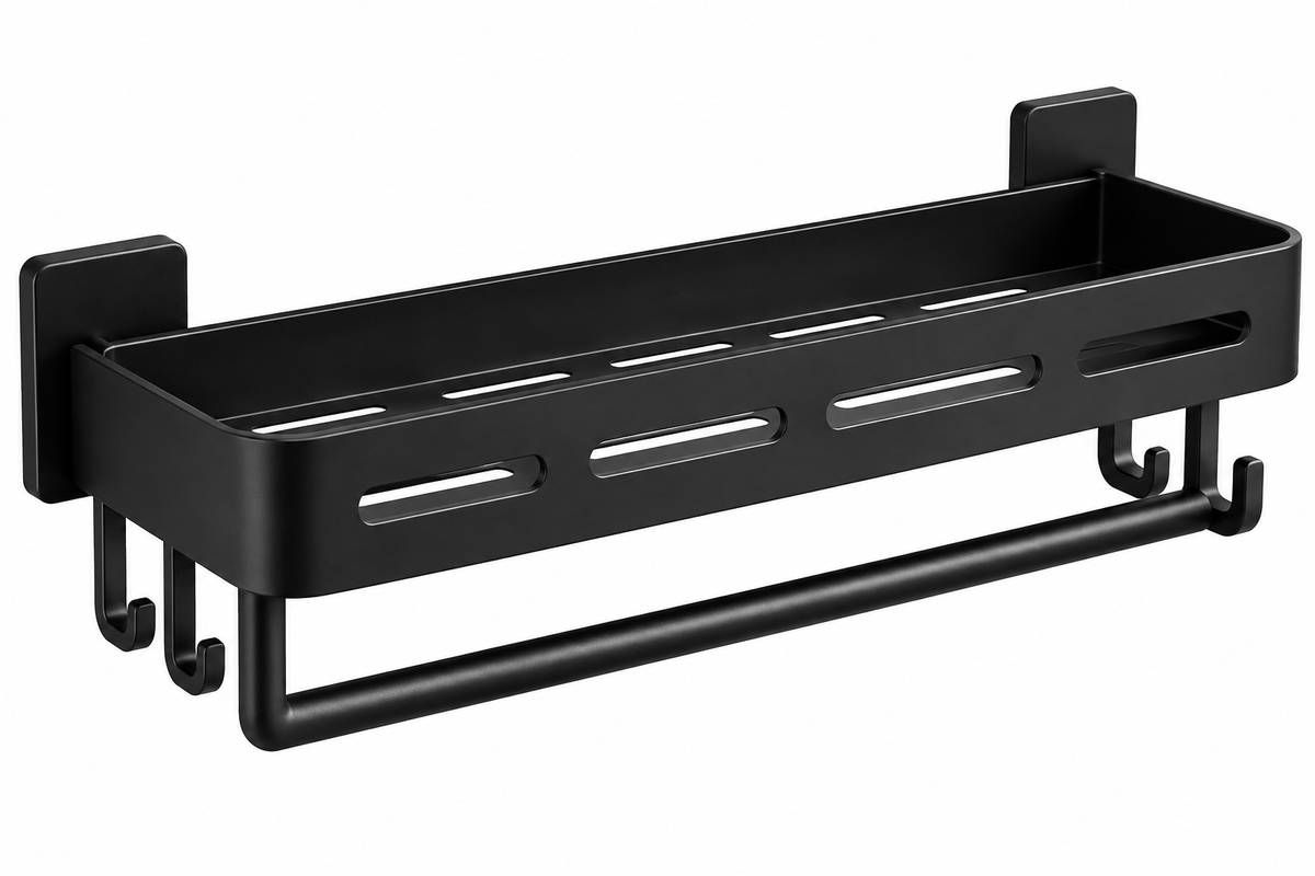 Wall-Mounted Shower Storage Shelf with Towel Bar and Hooks