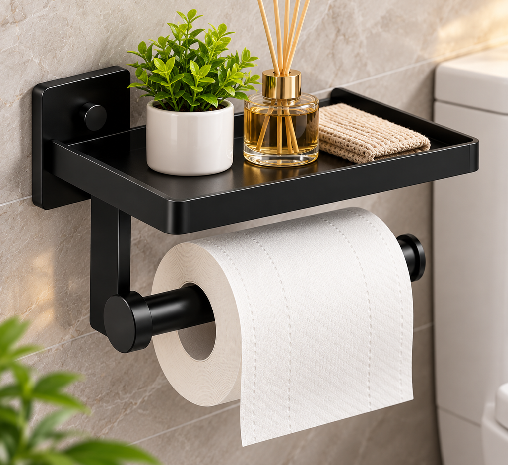 Wall-Mounted Toilet Paper Holder with Storage Shelf