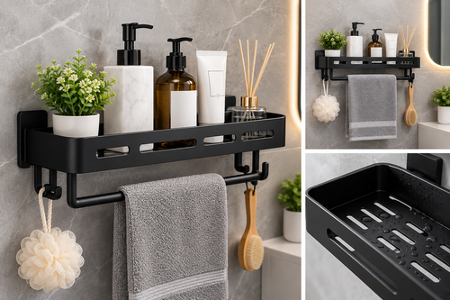 Wall-Mounted Shower Storage Shelf with Towel Bar and Hooks