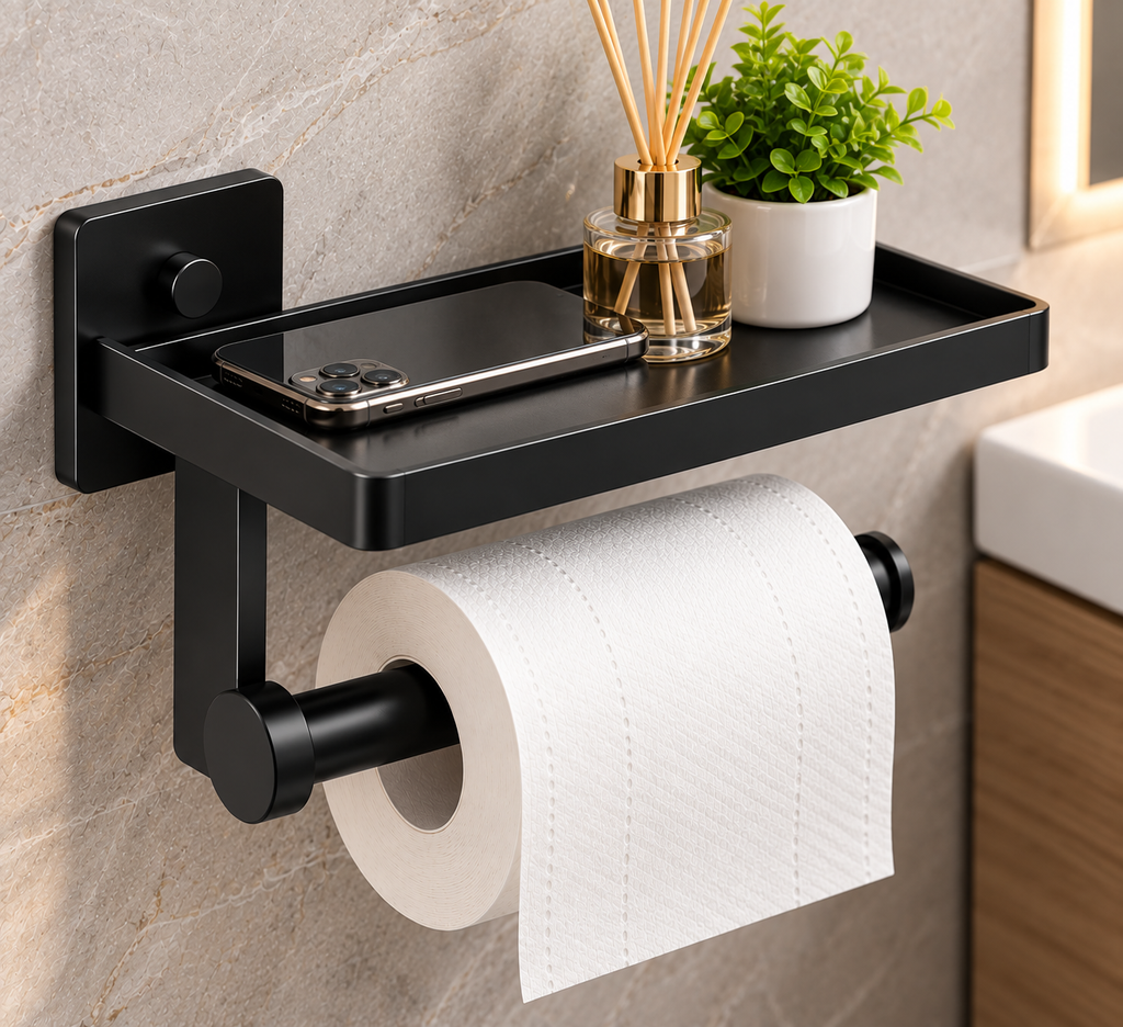 Wall-Mounted Toilet Paper Holder with Storage Shelf
